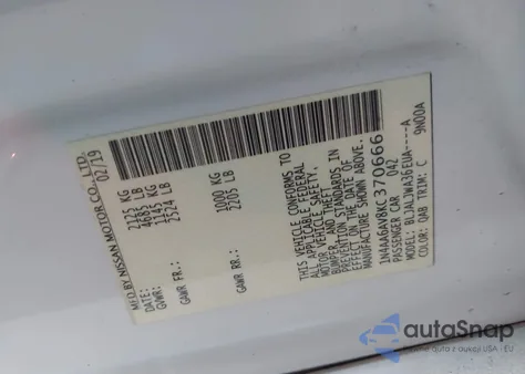 2019 Nissan Maxima 3.5 Sv из США, поврежденный, VIN 1N4AA6AV8KC370666